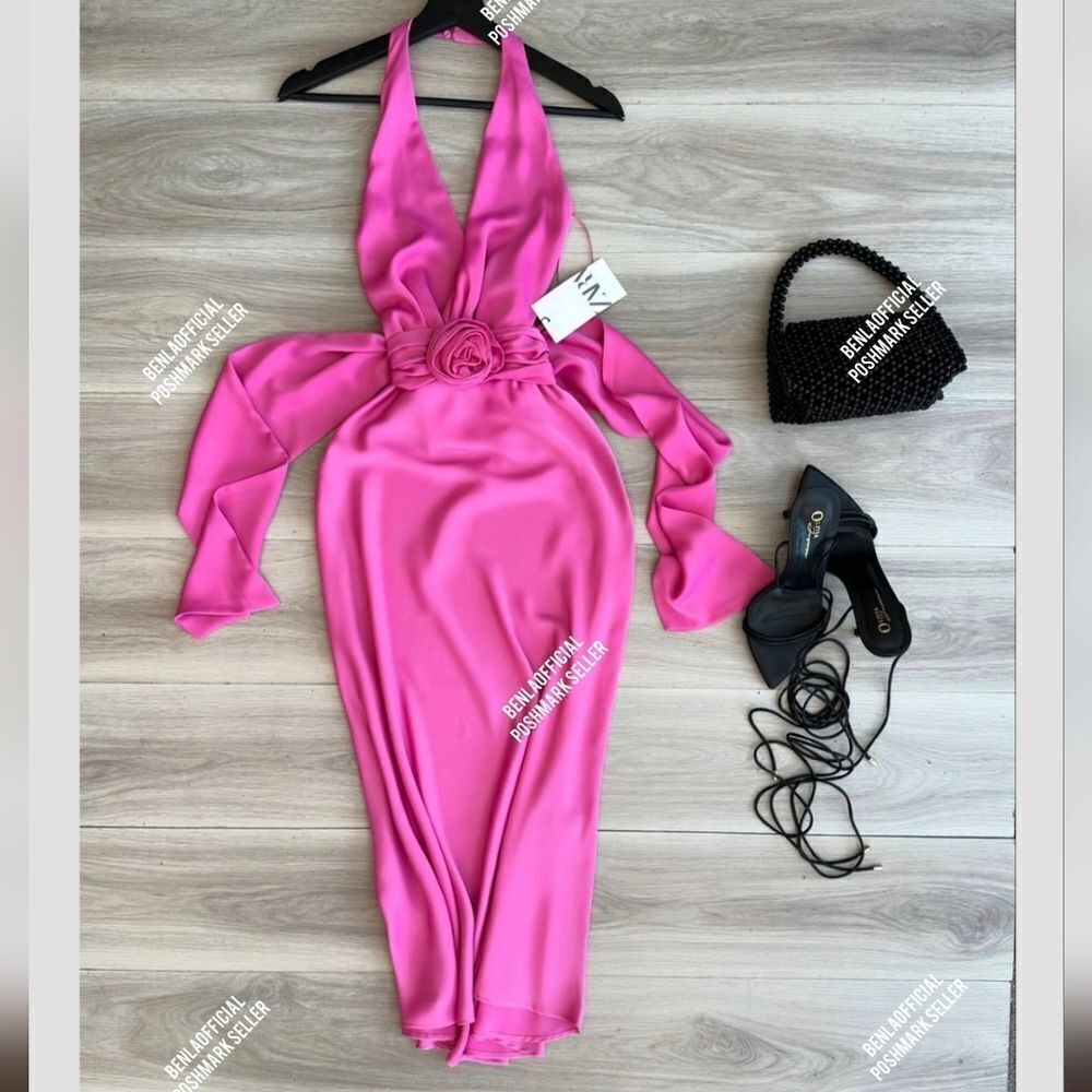 NWT ZARA FLORAL SATIN EFFECT MIDI DRESS pink - Picture 15 of 17